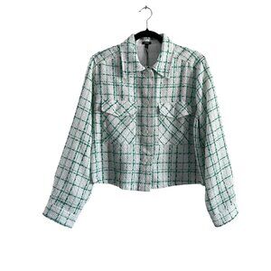 Express Women M Green Ivory Plaid Tweed Boxy Cropped Shacket Jacket NWT